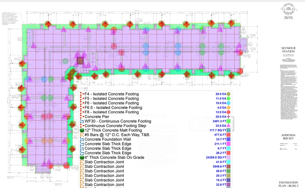 Architectural foundation plan showing concrete footing layout for Seymour Station with color-coded legend indicating different footing types (F4, F5, F6, etc.), isolated concrete footings, continuous footings, concrete piers, and slab details with corresponding square footage measurements