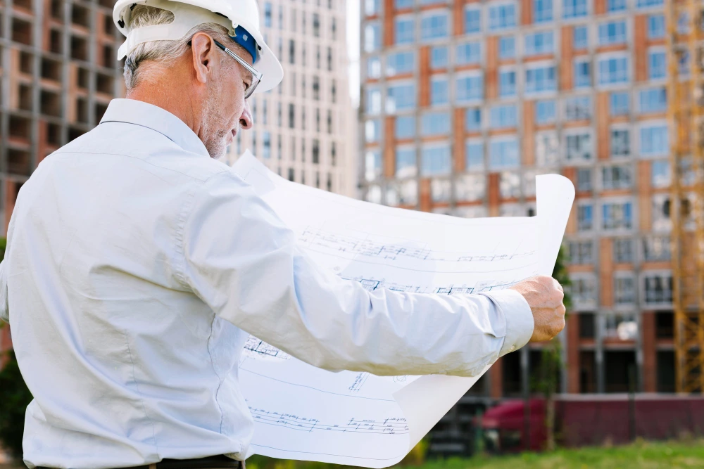 Senior architect or construction manager in white hard hat and safety glasses reviewing building blueprints on construction site with high-rise construction  buildings in background