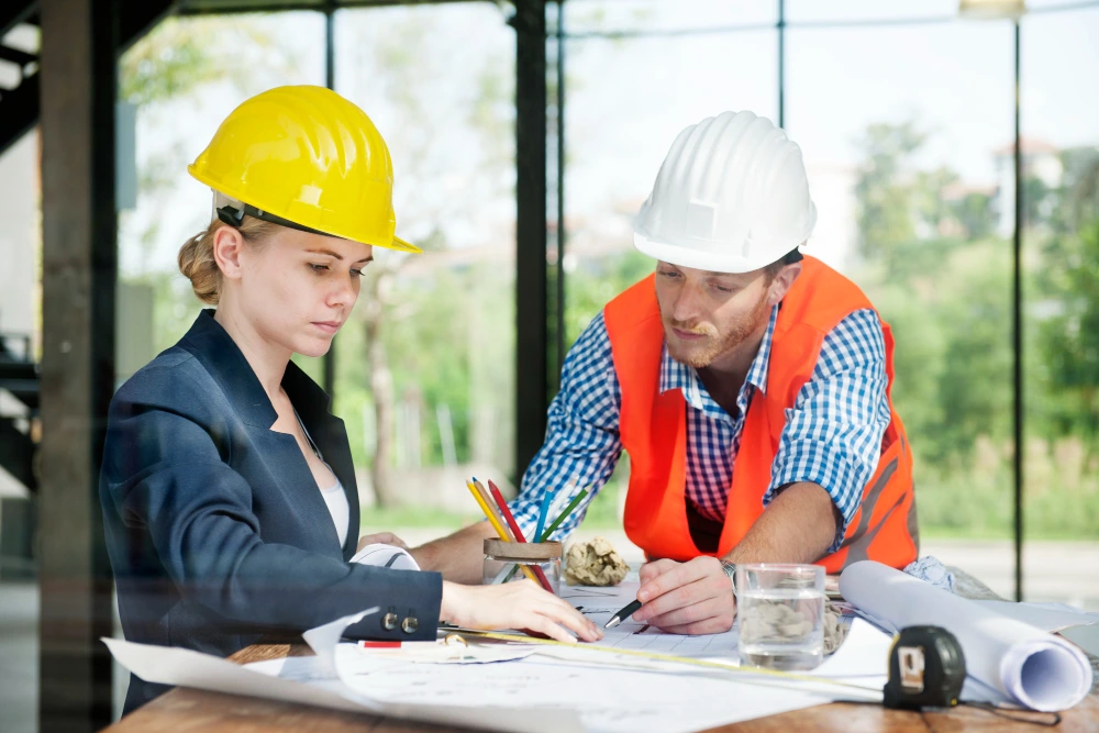 Female architect in white hard hat working with calculator and blueprints next to architectural building model in construction office - MEP Construction Estimation Services