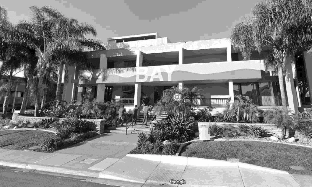 Modern two-story residential house with contemporary cubic design, featuring white exterior walls, large windows, covered entrance portico, and tropical landscaping with palm trees in black and white