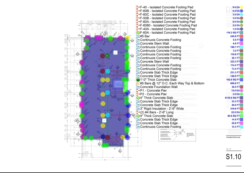 oundation Plan - Building Construction Drawing"
Alt Tag: "Detailed foundation plan showing concrete footings, isolated pads, stem walls, and reinforcement layout with color-coded legend indicating different foundation elements and their specification