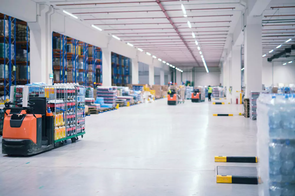 Interior of a modern warehouse with white floors and ceiling, featuring tall blue storage racks, pallets of goods, orange and black forklifts, and workers in high-visibility vests moving inventory in a bright, well-lit distribution center. Estimation & Takeoff Services for building Warehouses