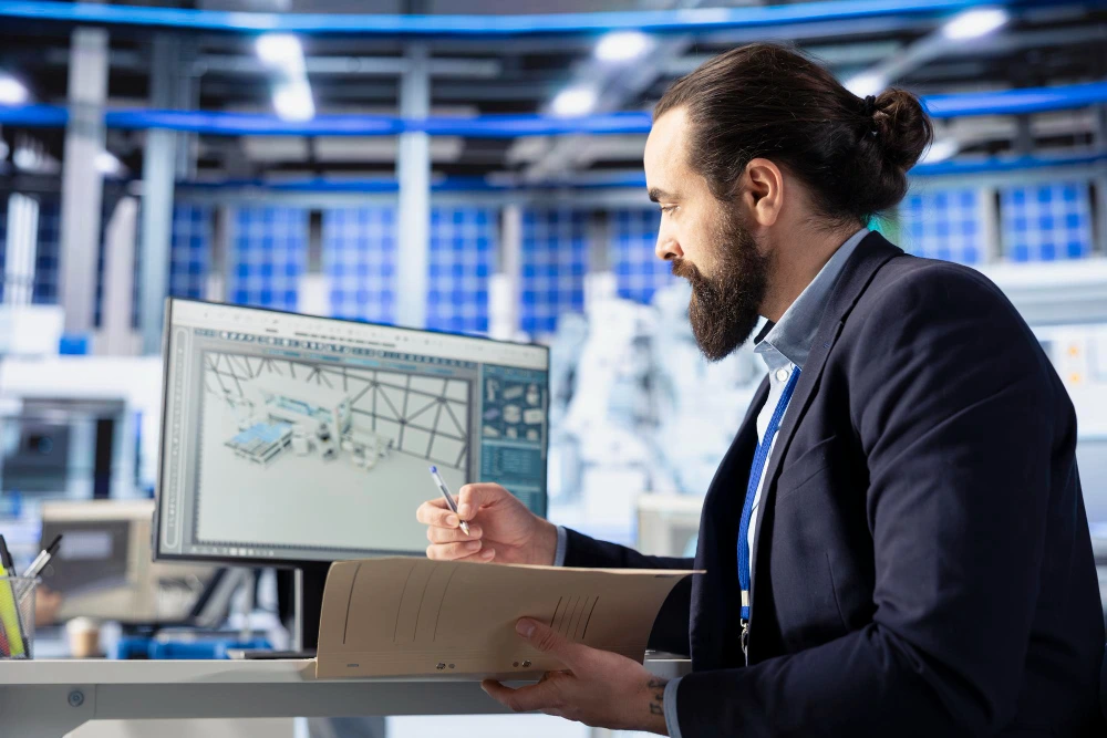 A bearded man in a dark business suit reviews technical documents while standing at a workstation in a modern industrial facility. Behind him, a computer monitor displays CAD engineering drawings, and the background shows a bright, well-lit warehouse or manufacturing space with blue structural elements and storage areas.