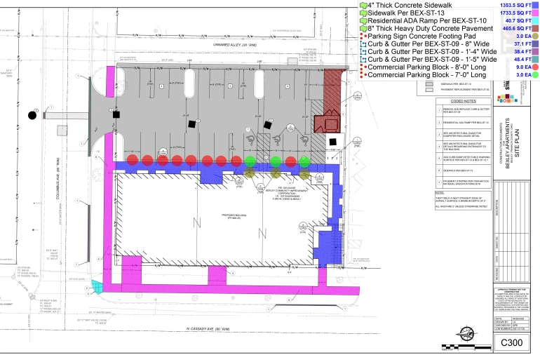 Architectural site plan showing building footprint with surrounding concrete work including sidewalks, curb and gutter details, and ADA-compliant ramp specifications with color-coded construction elements"
Image 3:
Title: "Ground Floor Plan with Site Work Details"
Alt Tag: "Ground floor architectural plan showing interior room layout, exterior concrete sidewalks, curb and gutter installations, and asphalt pavement areas with detailed specifications and measurements"
These alt tags provide descriptive information about the technical construction drawings while remaining accessible to users who may be using screen readers or have visual impairments. The titles are concise but informative about the drawing type and purpose.RetryClaude can make mistakes. Please double-check responses. Sonnet 4
