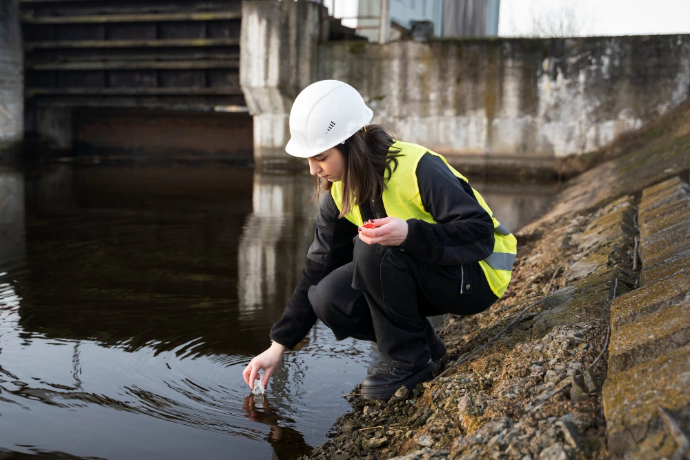 Female construction professional in white hard hat and high-visibility safety vest kneeling by water to collect sample in glass vial, likely testing for waterproofing or construction project assessment

