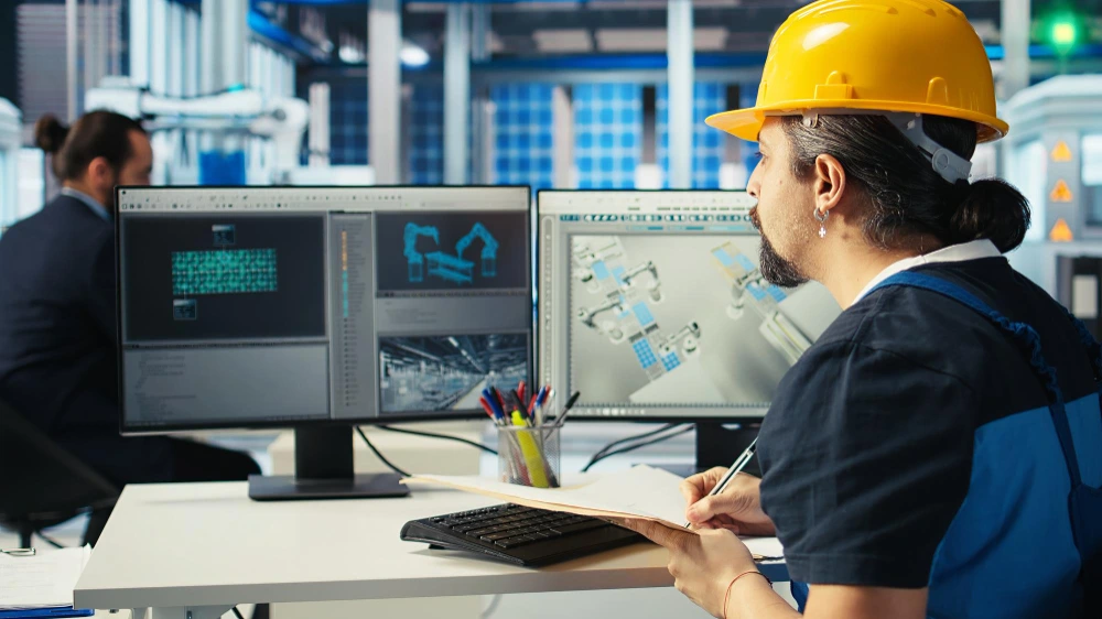 Industrial engineer wearing yellow hard hat working at dual computer monitors displaying technical diagrams and data in a modern factory control room- Conclusion:Free vs. Paid Construction Estimating Tools