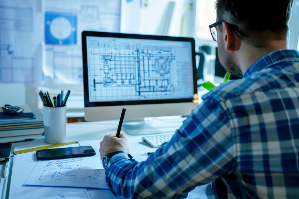 Engineer in plaid shirt reviewing technical blueprints and floor plans on computer screen while taking notes at desk with drafting tools and document - Free vs. Paid Construction Estimating Tools