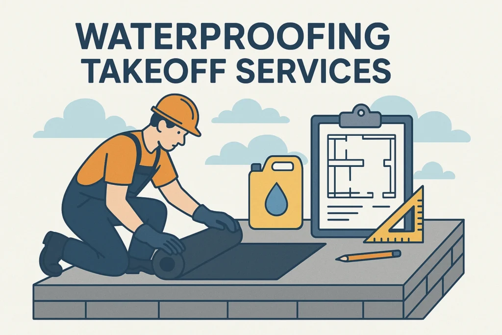 Illustration of waterproofing takeoff services showing a construction worker in orange hard hat and overalls applying waterproofing material to a surface, with clipboard showing building plans and waterproofing supplies nearby - Waterproofing Takeoffs Services