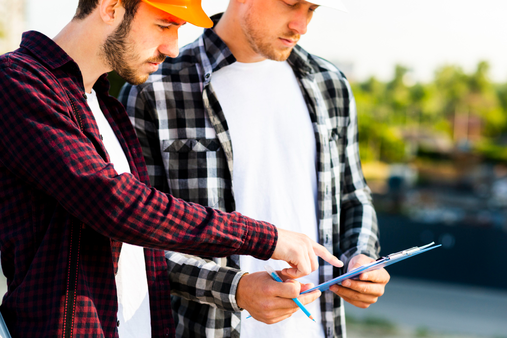 Two construction workers reviewing project plans on tablet device at outdoor job site - Smart Construction Delivery Methods