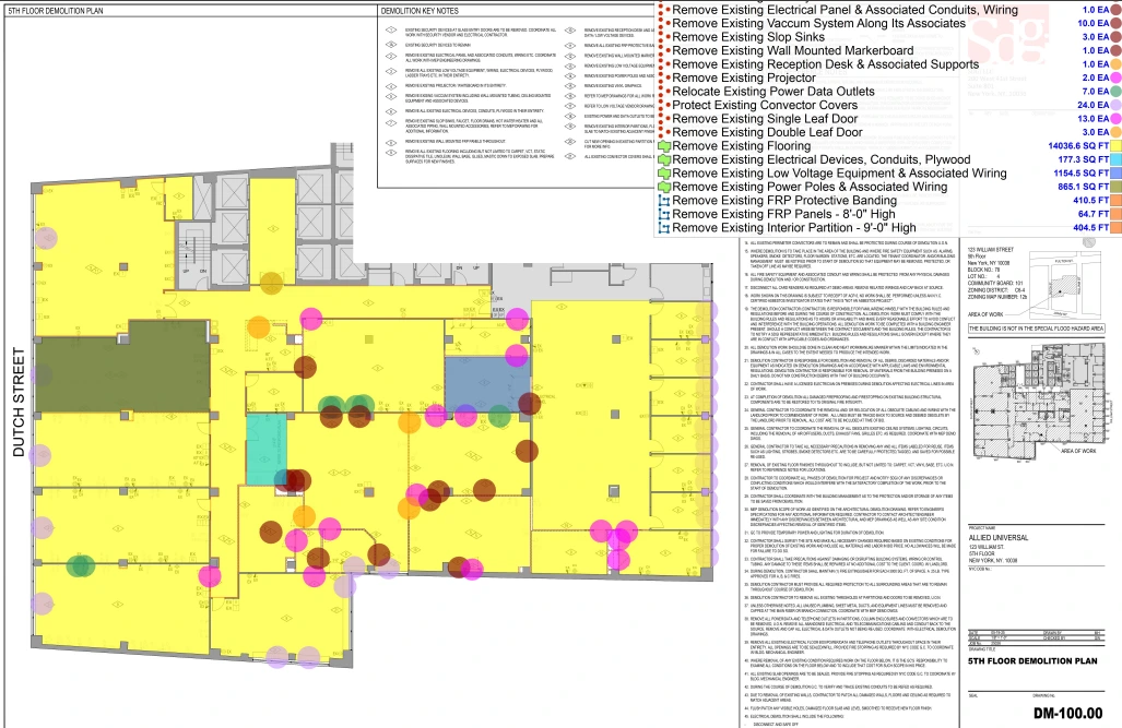 Architectural demolition plan showing 5th floor layout with yellow highlighted areas indicating spaces to be demolished, colored circles marking electrical and mechanical elements to be removed, and detailed demolition notes listed on the right side- Demolition Estimating Services