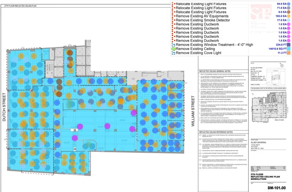 Reflected ceiling plan for 5th floor renovation showing ceiling grid layout in blue, with orange and blue circles indicating light fixture and mechanical element locations, plus demolition notes for ceiling-related work - Demolition Estimating Services