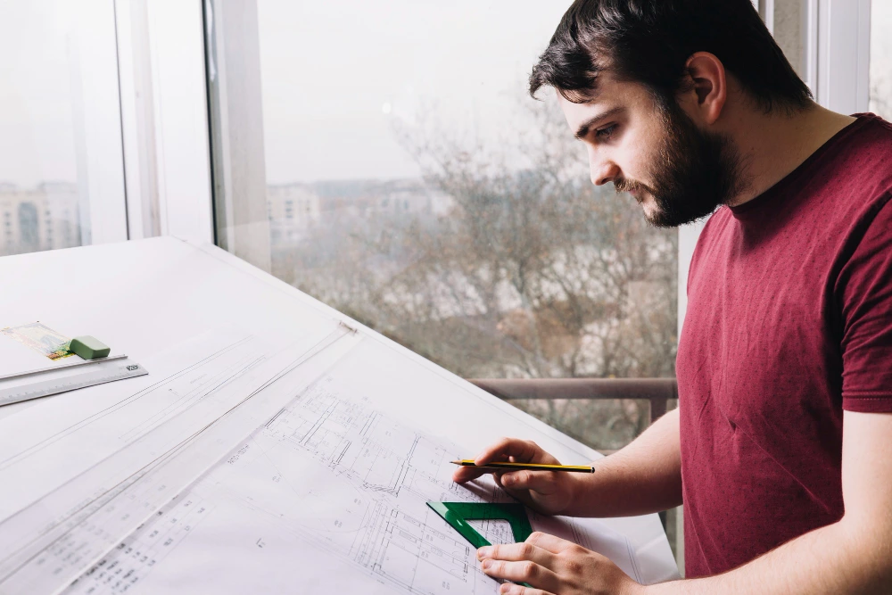 Male architect in burgundy shirt working on technical drawings at drafting table near window, holding pencil and square ruler