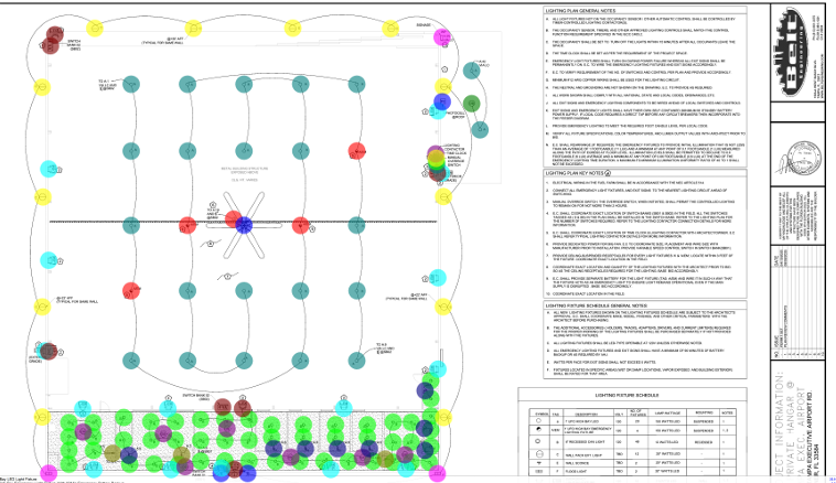 Lighting plan showing fixture locations, switching arrangements, and electrical circuitry with color-coded elements and detailed fixture schedule- Electrical Estimation at Tampa Executive Airport 