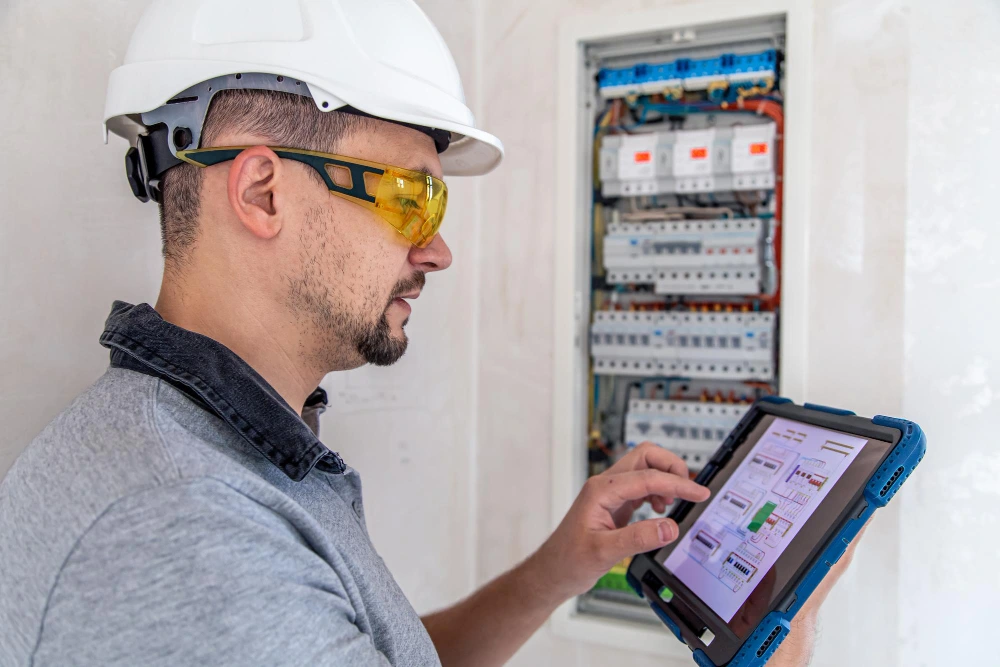 Electrical engineer in white hard hat and safety glasses using tablet computer to inspect electrical control panel with circuit breakers-Lessons of  Tampa Executive Airport Electrical Estimation