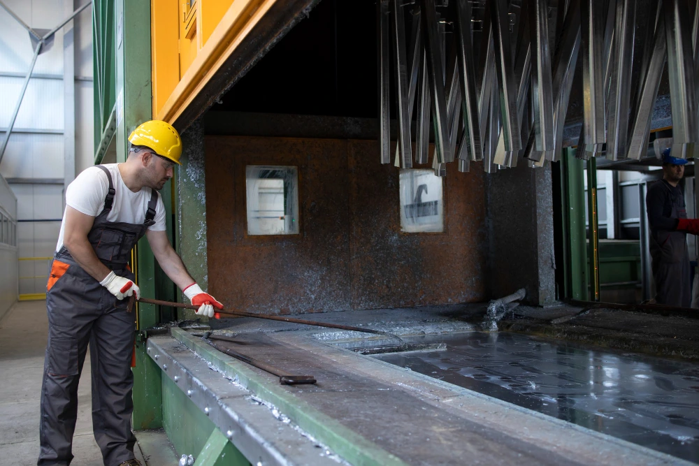Worker in yellow hard hat and safety gear operating large industrial cutting machine in factory setting- Waterproofing Estimates Service Software or Expert