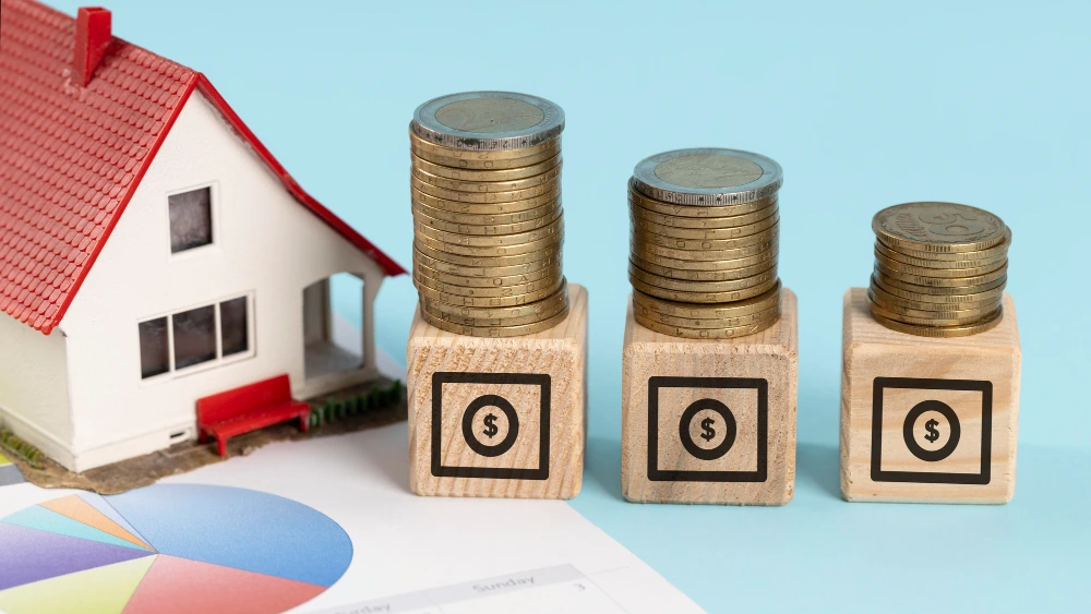 Real estate investment concept with miniature house model, stacked coins on wooden blocks with dollar signs, and financial charts on blue background-Factors Affecting Home Construction Costs in USA