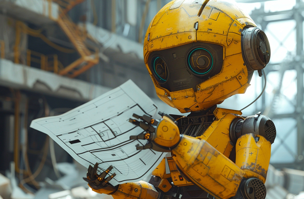 A yellow weathered robot with glowing blue eyes examining architectural blueprints or technical drawings in an industrial setting with steel beams and concrete structures in the background- How AI Transforms Construction Estimating