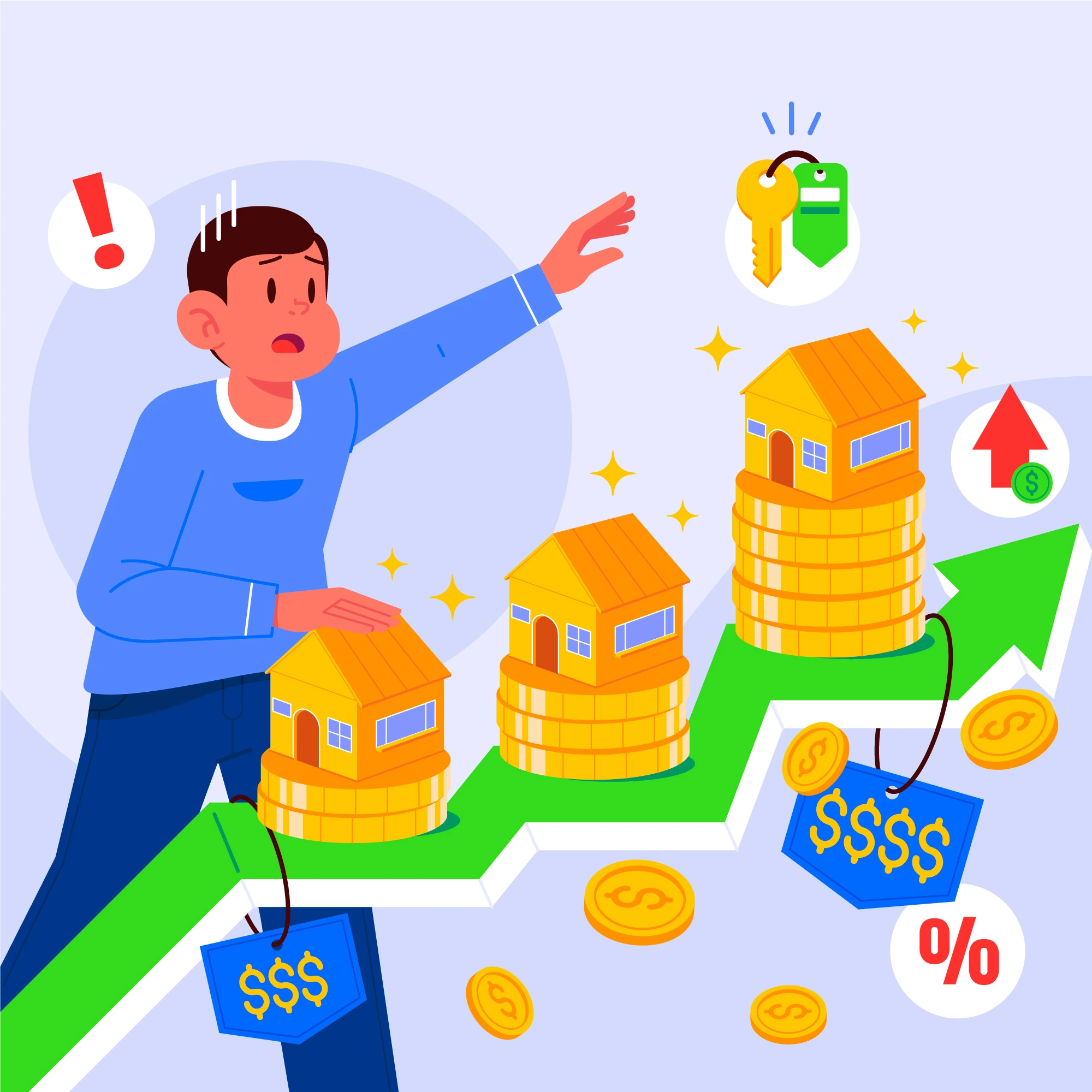 Real estate investment growth illustration with houses, coins, and upward trending arrow - Inflation Affects Construction Estimation