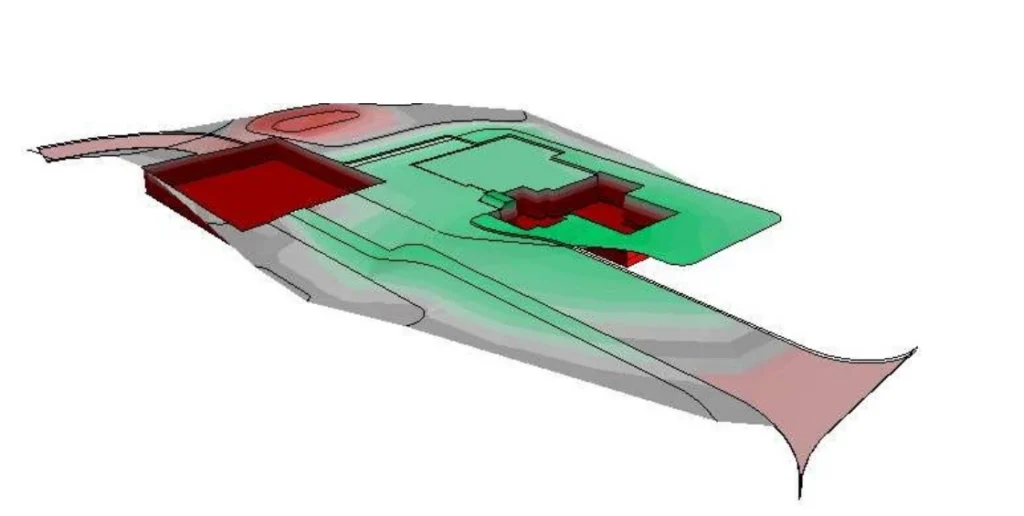 Topographic contour plan showing grading levels, flow directions, and drainage zones around the proposed building with elevation labels and color-coded slope areas.