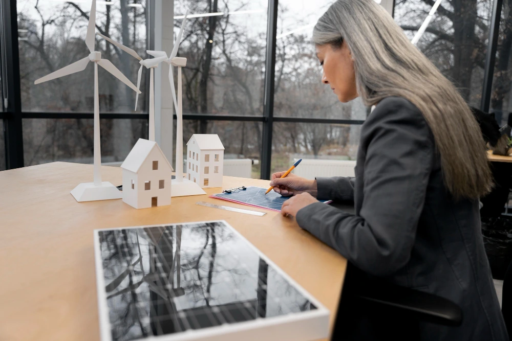 Female architect working on renewable energy project plans with wind turbine models and building miniatures on desk near window