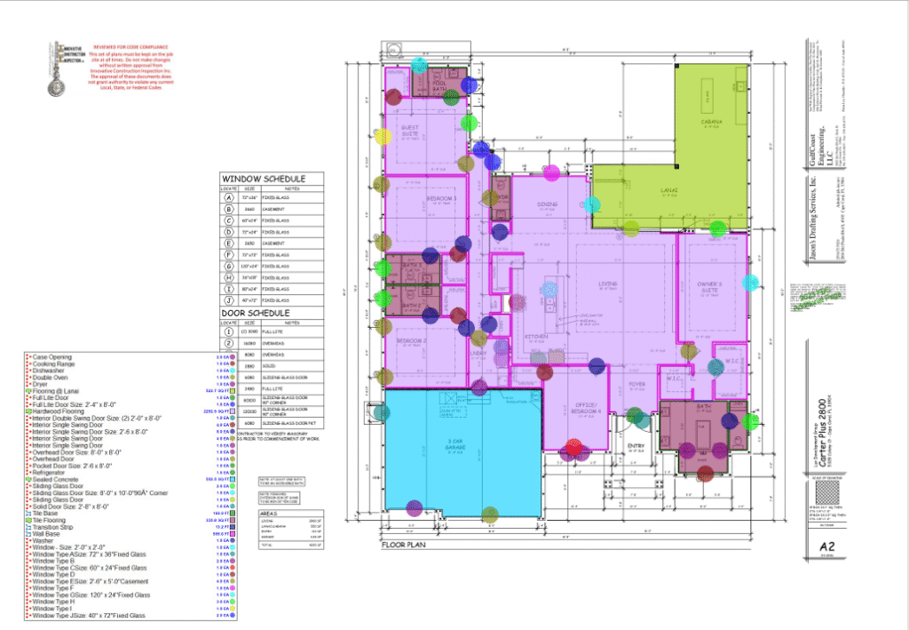 Detailed architectural floor plan with color-coded room layouts, comprehensive fixture and finish schedules, and material specifications legend - Residential Construction Estimating 