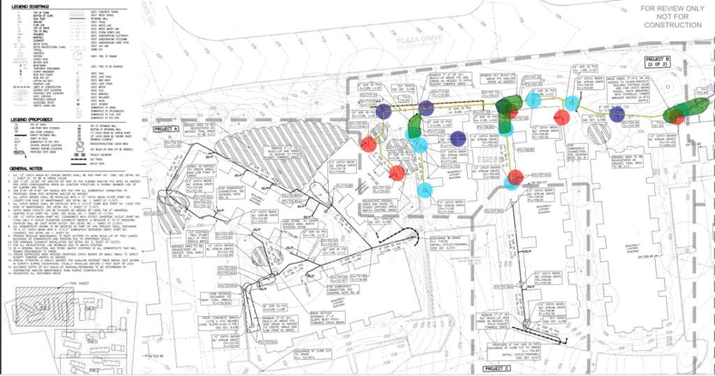 Cricket Hollow Apartments detailed site plan showing phased drainage, grading, and utility improvements in Austin, TX