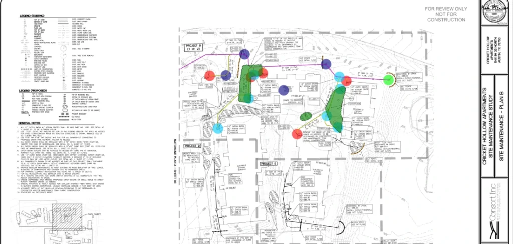 Stormwater and drainage system redesign plan for Cricket Hollow Apartments, highlighting catch basins, PVC pipelines, and grading adjustments.