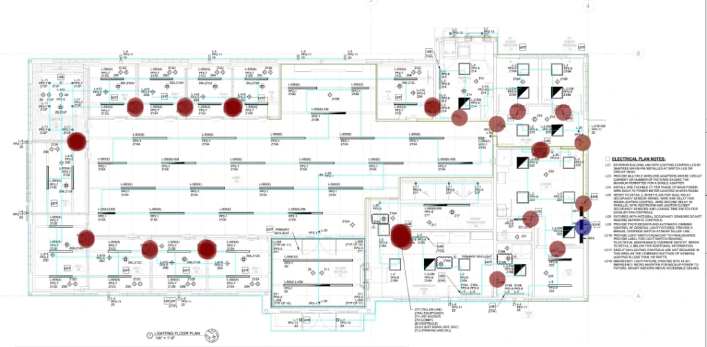Detailed electrical floor plan showing lighting layout with fixture locations, switches, panels, and circuitry marked with red dots and electrical symbols- Smart Electrical Estimation Transformation