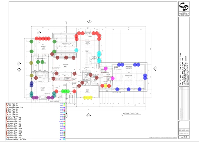 Architectural floor plan highlighting door and window types, placements, and counts for accurate residential construction estimation- Residential Construction Estimation Project 