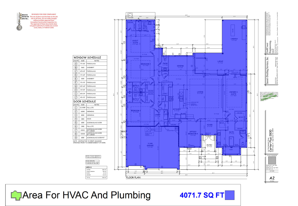 Architectural floor plan showing HVAC and plumbing layout with blue highlighted areas totaling 4071.7 square feet, including window and door schedules