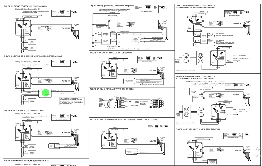 Electrical wiring diagrams showing multiple lighting control configurations including occupancy sensors, photocells, and zone controls with detailed connection schematics