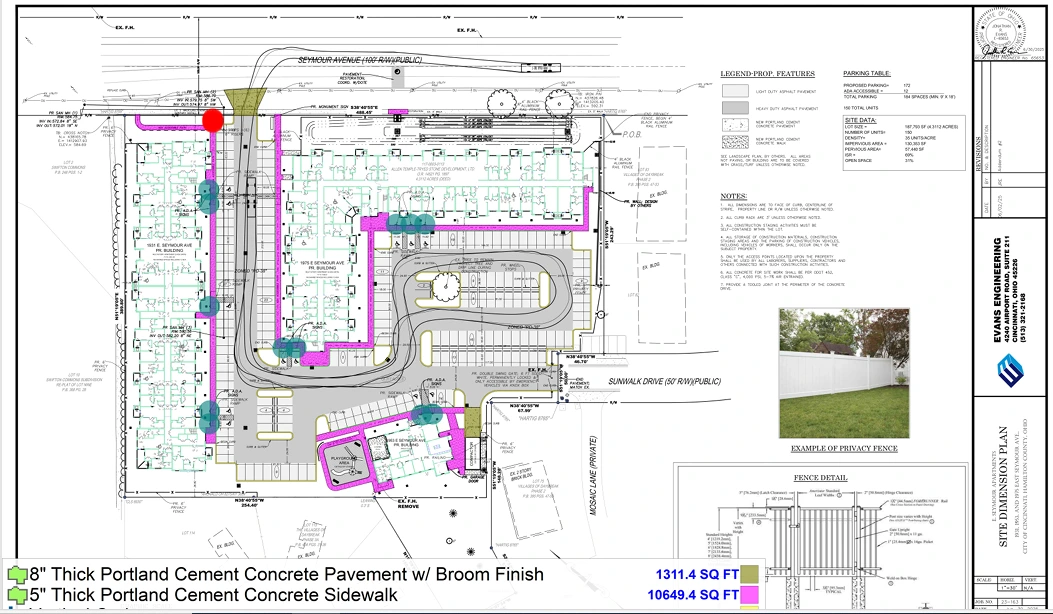 Civil engineering site plan showing building footprint, utility lines, parking areas, concrete pavement specifications (8-inch thick Portland cement with broom finish - 1311.4 sq ft), sidewalk details (5-inch thick Portland cement - 10649.4 sq ft), privacy fence examples, and dimensional layout with notes and specifications