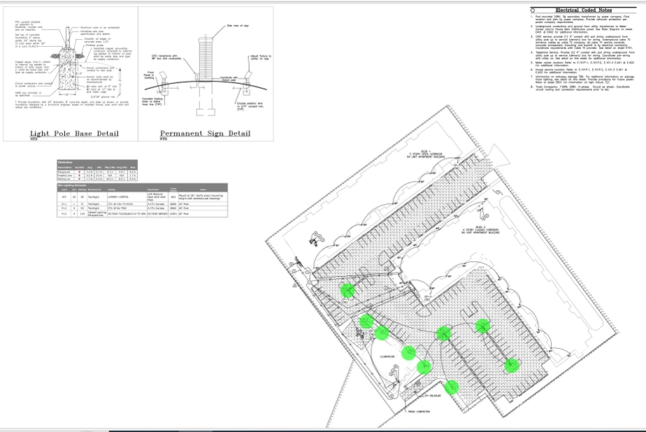 Engineering drawing showing light pole base foundation details, permanent sign foundation specifications, and site plan with green dots indicating locations of 9 light pole foundations and electrical infrastructure across the E. Seymour Apartments development site- Cincinnati Commercial Project 