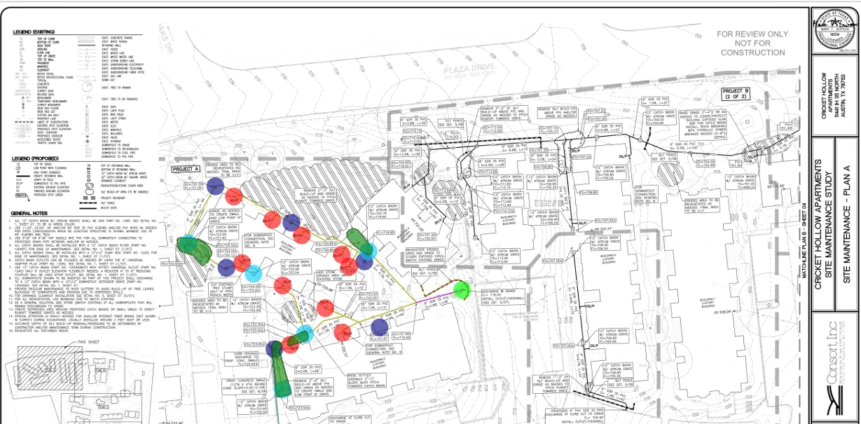 Engineering site plan showing maintenance layout for Grocery Follow Apartments development with color-coded markers (red, blue, and green circles) indicating different maintenance zones or utility locations across the property layout. Drawing includes legend, general notes, and 'For Review Only - Not for Construction' designation.