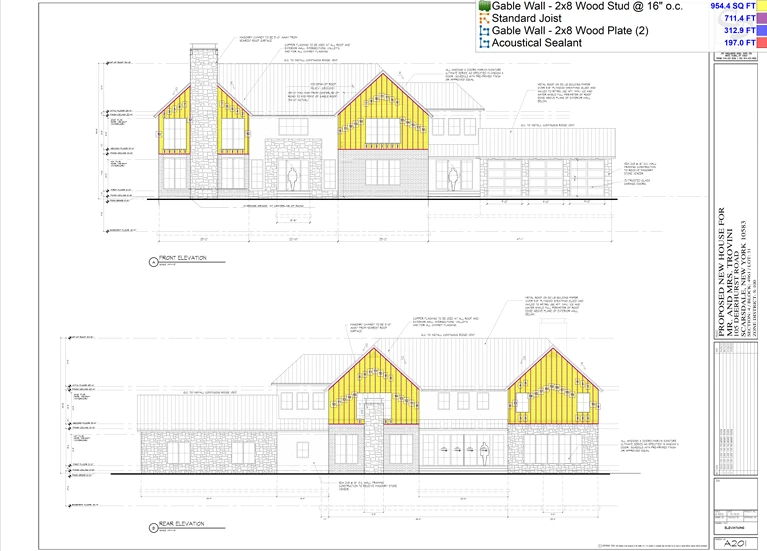 Detailed architectural drawing showing gable wall framing, wood studs, joists, and sealants used for precise structural estimation in residential construction.