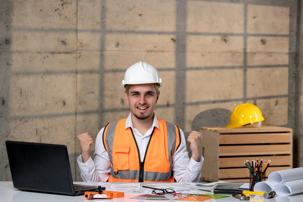 Happy male construction engineer wearing white hard hat and orange safety vest celebrating with raised fists at desk with laptop, blueprints, and yellow hard hat in background at construction site office