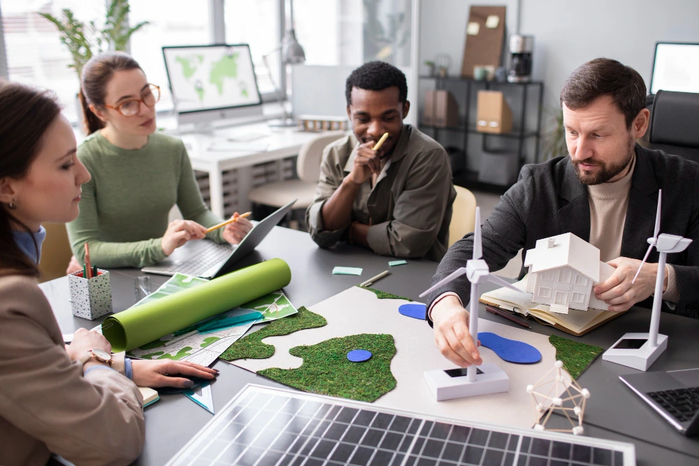 Team of four professionals collaborating on sustainable architecture project with green building materials, site plans, and architectural models in modern office