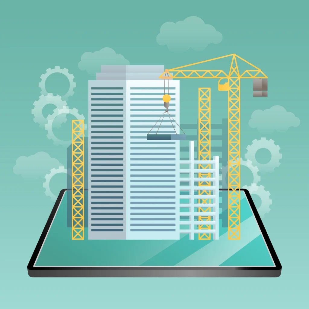 Digital construction management illustration showing building development with tower cranes and gears representing CPM workflow optimization-Optimize Construction Projects with CPM
