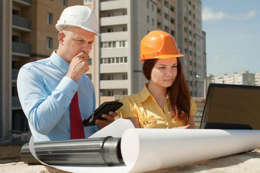 Construction managers in hard hats reviewing building blueprints and project schedule on construction site