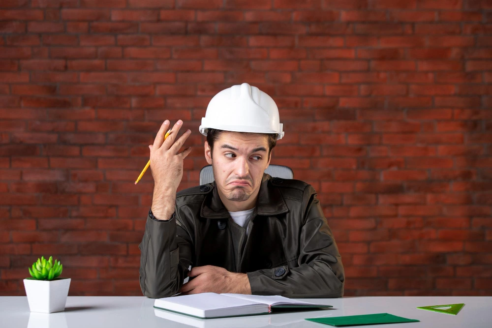 Confused male estimation in white hard hat holding pencil looking puzzled at desk with blueprint and brick wall background for tring for percise estimation