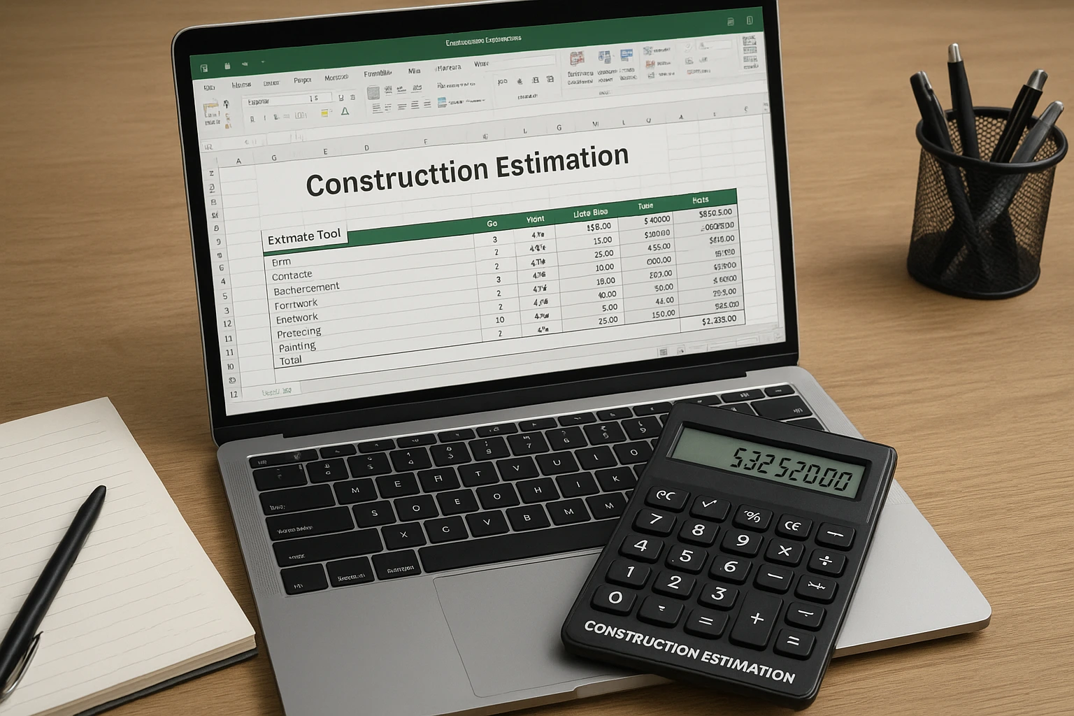 Construction estimation spreadsheet on laptop screen with calculator showing project costs and budget breakdown