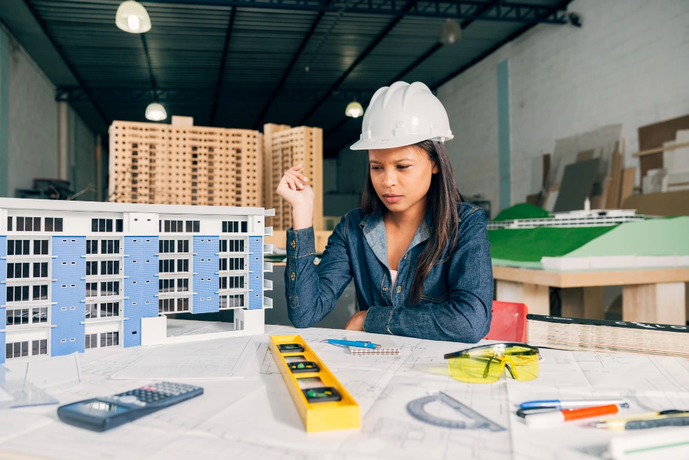 Female architect in hard hat reviewing architectural building model with construction tools and blueprints using CPM planning methodology