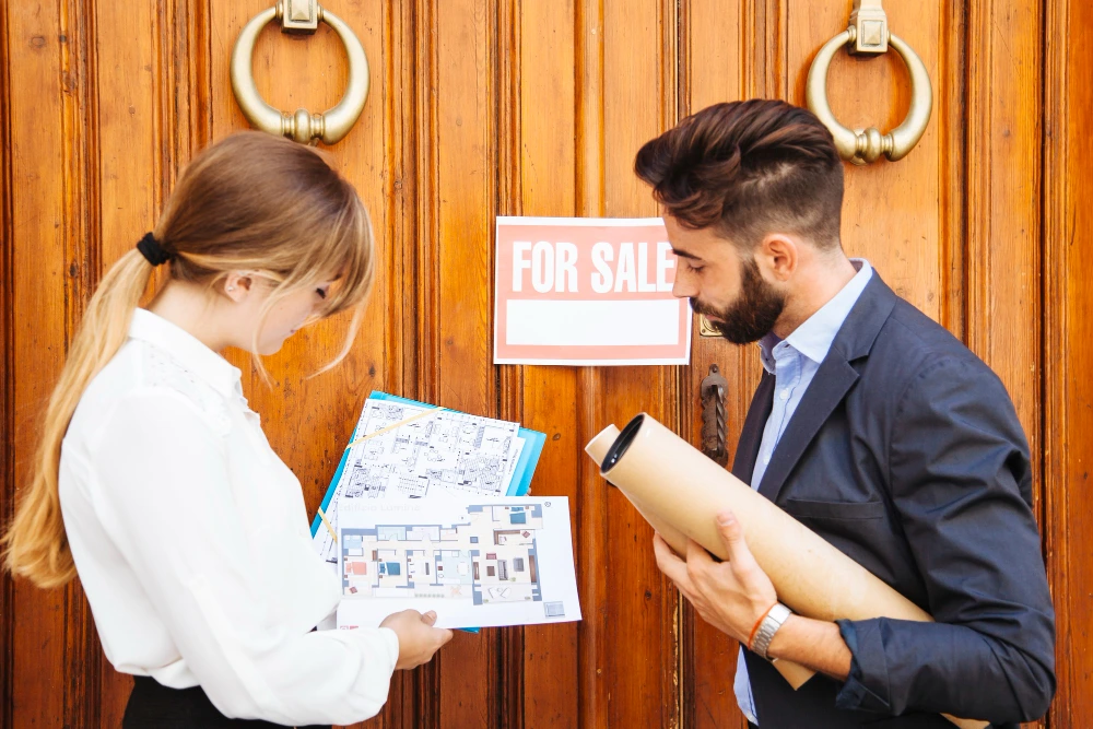 "Real estate agents reviewing construction floor plans and blueprints in front of house for sale Boost Your Bids with CPM