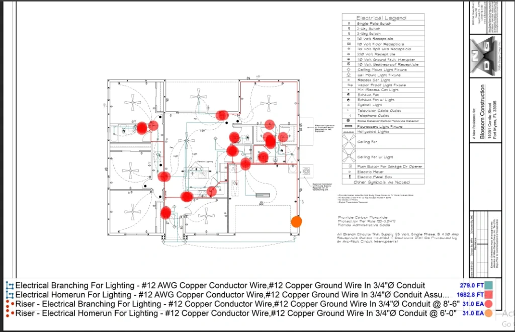 Electrical plan with lighting circuits, homerun wiring, risers, and fixture mapping used for precise electrical estimation and code-compliant installation
