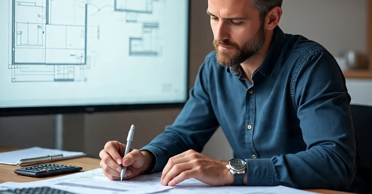 Bearded estimation expert in denim shirt examining architectural blueprints for cost estimation at desk with calculator and digital floor plan display in background