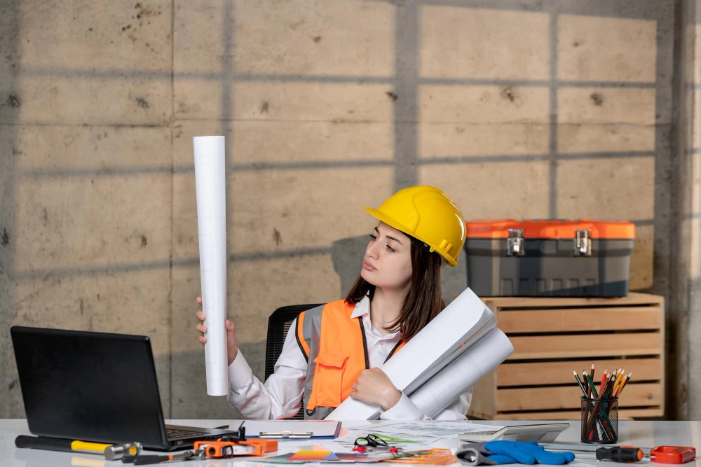Woman engineer in safety gear studying architectural blueprints at construction office desk-Estimation Turns Construction Stress Into Confidence