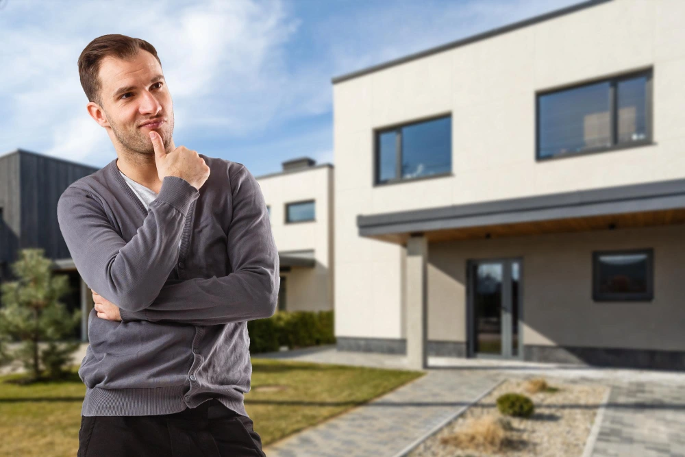 Man in gray sweater standing in thoughtful pose in front of modern two-story residential home thinking of Costly Mistakes When Building Your Dream Home