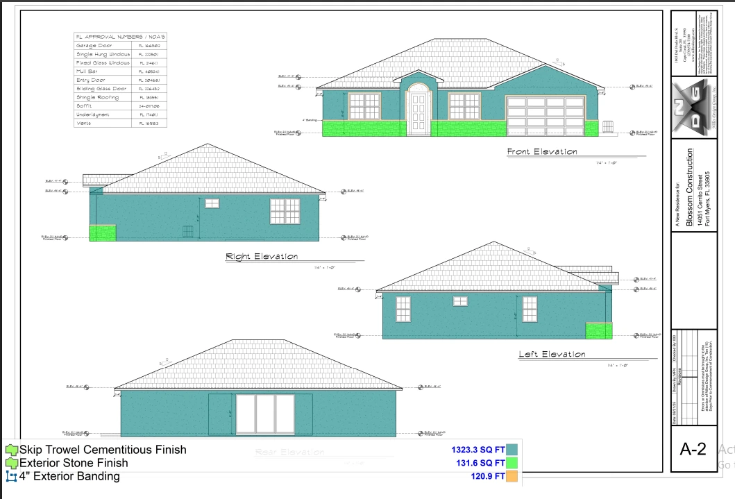 Exterior elevation drawings showing front, right, left, and rear views of a residential home with quantified finishes including skip trowel cementitious finish, stone finish, and exterior banding