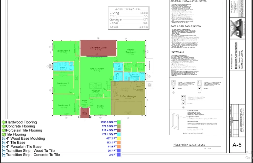 Flooring estimation plan showing hardwood, tile, porcelain, and concrete surfaces with detailed square footage and base moulding quantities for each room- Estimation for a Residential Project in Fort Myers, FL