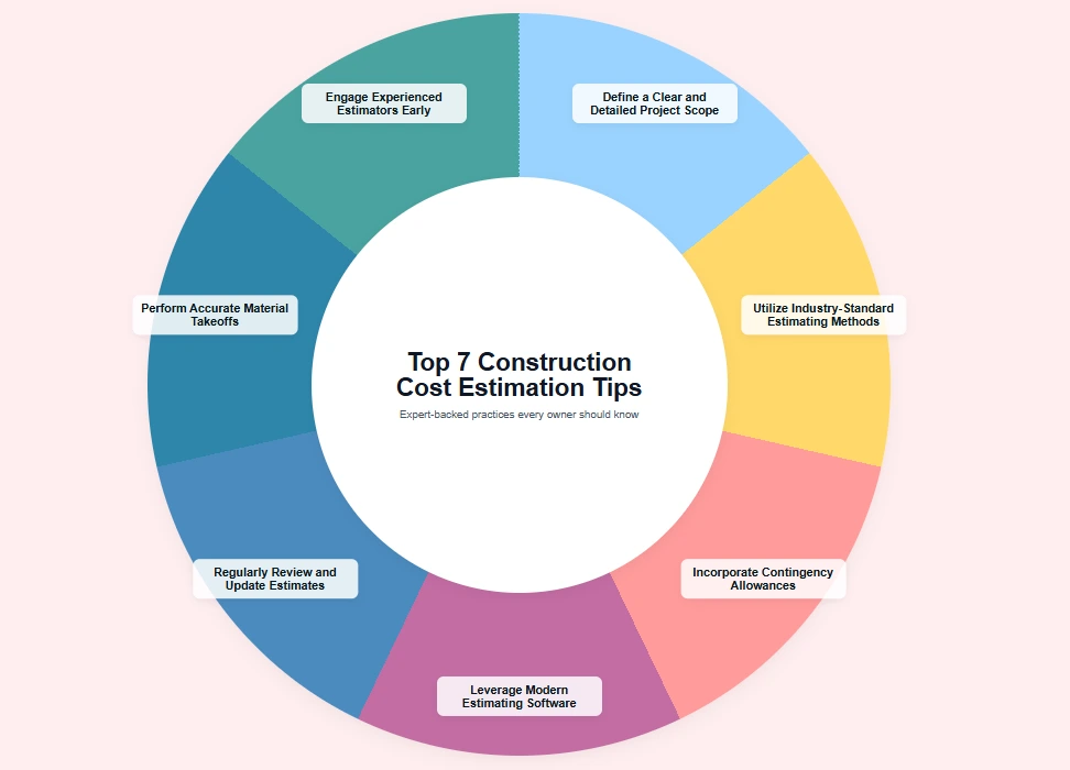 Circular infographic showing 7 construction cost estimation tips including engaging estimators early, defining project scope, using standard methods, incorporating contingencies, leveraging software, reviewing estimates, and performing material takeoffs